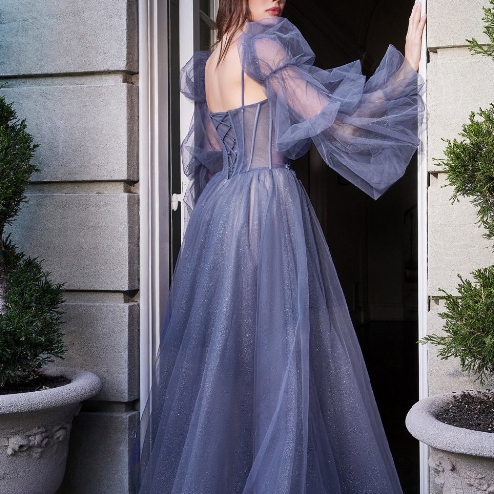 SMOKY BLUE PROM PARTY EVENING PUFFY SLEEVES BALL GOWN Open Back LONG Dress CD709 - Picture 3 of 7